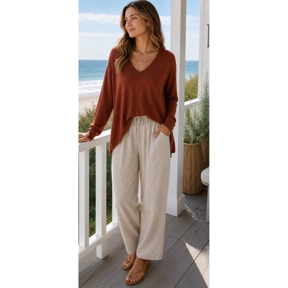 Eileen Fisher Brown Merino Wool V Neck L Pullover Sweater Medium Capsule Classic